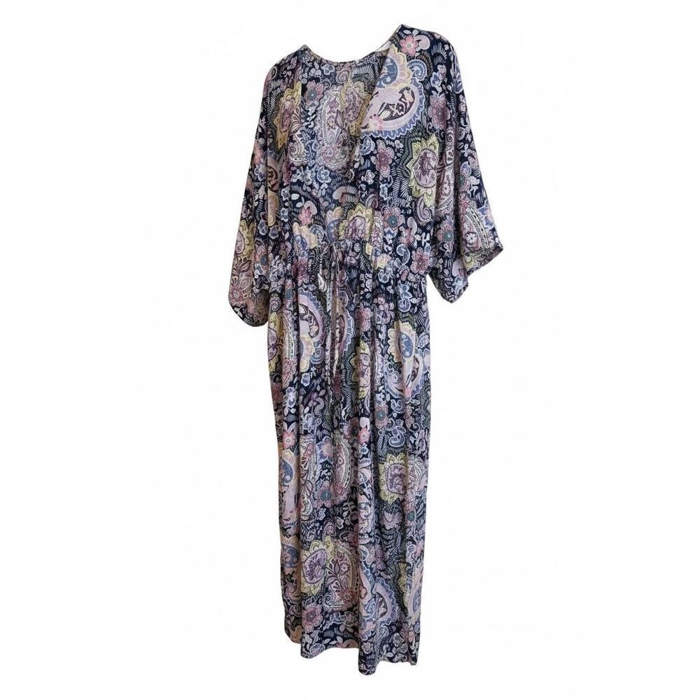 New York & Company Paisley Floral Maxi Kimono Dress L XL Boho Caftan Tie Waist‎